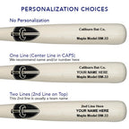 Caliburn bat personalization guide showing no personalization, one line for a name or number, and two lines for a name and team name on natural wood barrels.