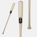 Caliburn maple fungo bat in a natural wood finish, shown full length alongside close-up views of the barrel, black Caliburn logo, handle, and knob.