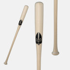 Caliburn maple fungo bat in a natural wood finish, shown full length alongside close-up views of the barrel, black Caliburn logo, handle, and knob.