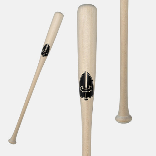 Caliburn maple fungo bat in a natural wood finish, shown full length alongside close-up views of the barrel, black Caliburn logo, handle, and knob.