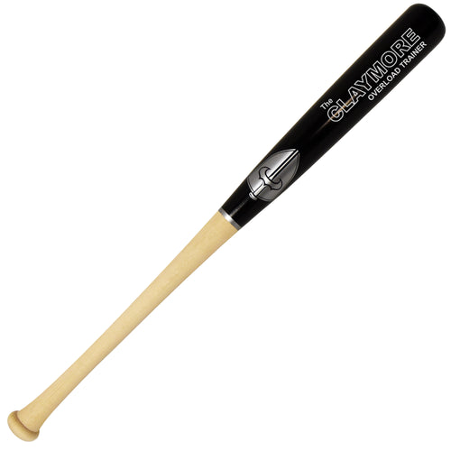Caliburn Claymore Overload Trainer baseball bat with a black barrel, natural wood handle, silver Caliburn logo, and white Claymore lettering, shown full length.