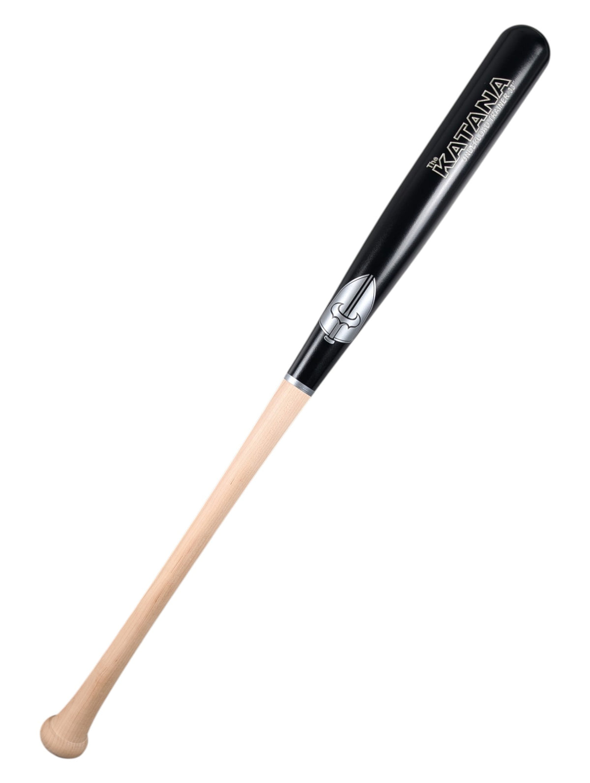 Caliburn Katana underload training bat with a black barrel and natural wood handle, approximately 20% lighter than your game bat for bat speed training.