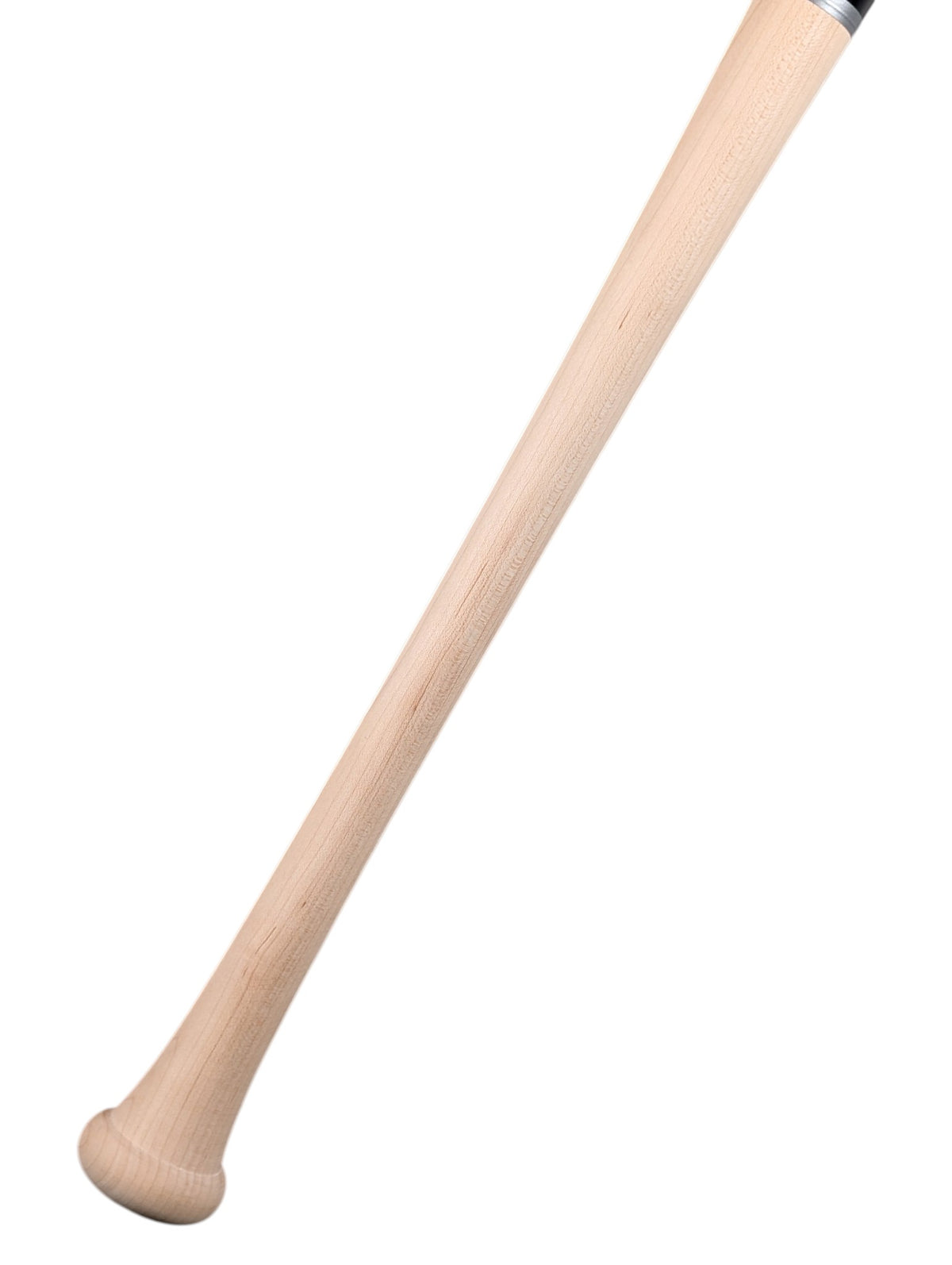 Close-up of the Caliburn Katana underload bat speed trainer’s natural wood handle and rounded knob, showing the wood grain.