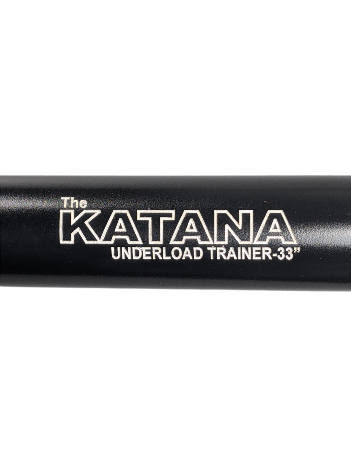 Close-up of the Caliburn Katana’s black barrel with “The Katana Underload Trainer–33″” lettering, a training bat for developing bat speed.